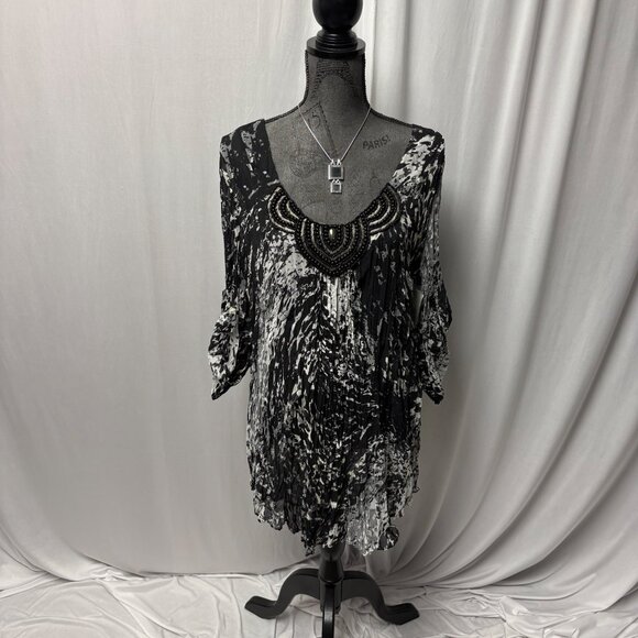 Bisou Bisou Beaded Tunic Womens Size XL Black White Sheer Scoop Neck Top NEW - Picture 1 of 9